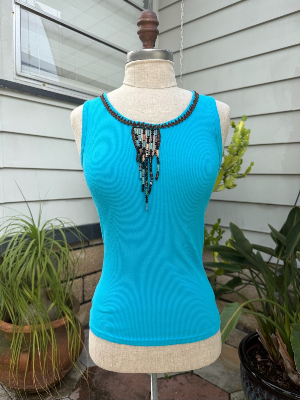 y2k Turquoise Beaded Necklace-Trim Ribbed Tank Top